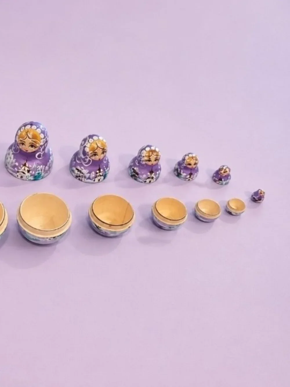 Vintage Russian Babushka Nesting Dolls Purple Wood Traditional 9 Piece Set